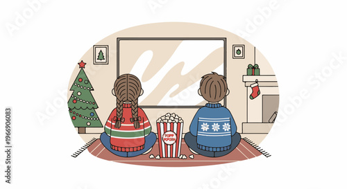 Children watch television with popcorn by Christmas tree and fireplace