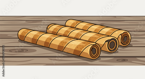 Chocolate filled rolled wafers presented on a wooden table surface
