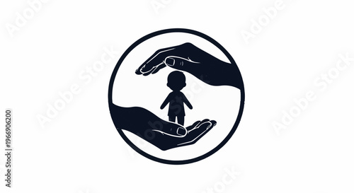 Two dark hands cradling and protecting a small silhouette of a child