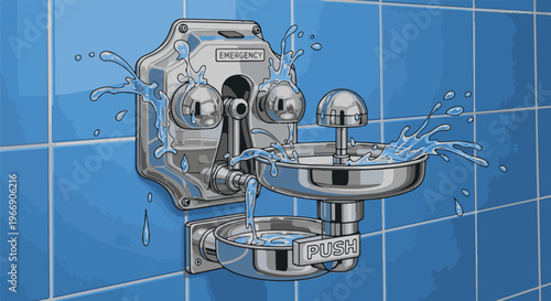 Chrome emergency eyewash station sprays water against a blue tiled wall
