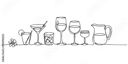 about drinks in monochrome vector, Continuous one line alcohol drinks. Alcoholic beverages glasses, from classic cocktails to craft beer, liquors and chill whiskey isolated vector set of alcohol drink