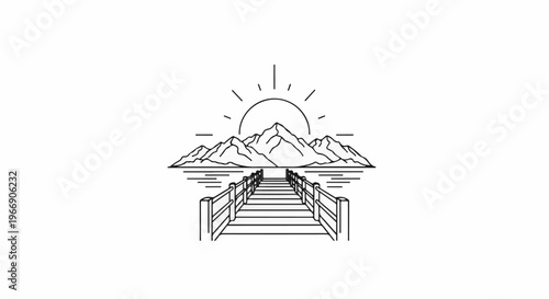 Pier leads to mountains, sun rising over water with serene mountain backdrop