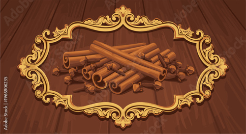 Cinnamon sticks and cloves inside an ornate golden frame
