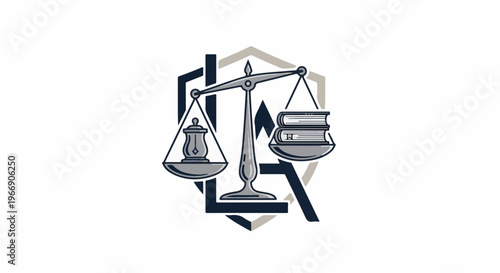 Metallic scales of justice balance books and an urn against geometric shapes