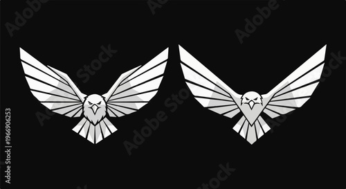 Two stylized white eagles with outstretched wings on black background