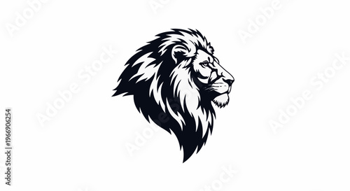 Majestic lion head profile, stylized, powerful, dark silhouette on white