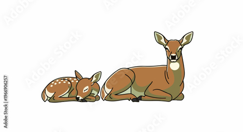 A mother and baby deer resting peacefully side by side on a white background