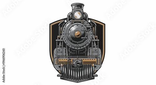 Close up, front view of a detailed, vintage steam locomotive's engine