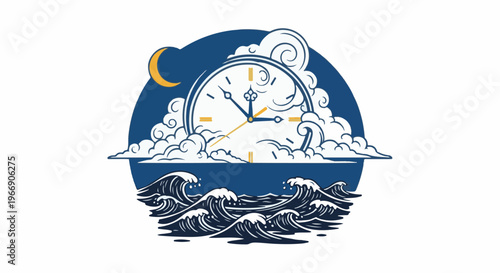 Clock face with moon and clouds above stormy sea waves