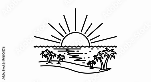A minimalist line art depicting a tropical sunset over the ocean with palm trees