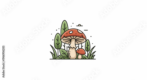 Two whimsical mushrooms with spotted caps surrounded by foliage