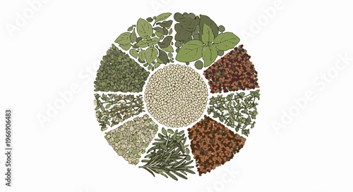 Circular arrangement of dried herbs and spices