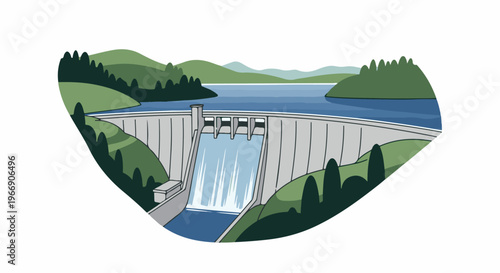 A concrete dam with water flowing through spillways into a reservoir, surrounded by hills