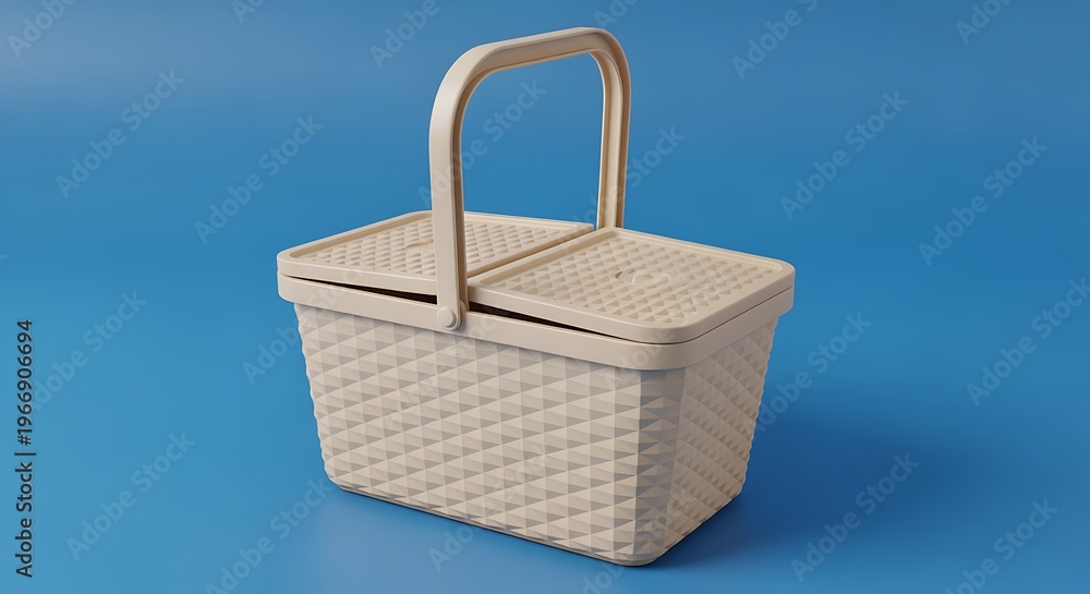 Obraz premium Beige plastic picnic basket with handle and lid on blue background for outdoor or indoor use carrying food and drinks