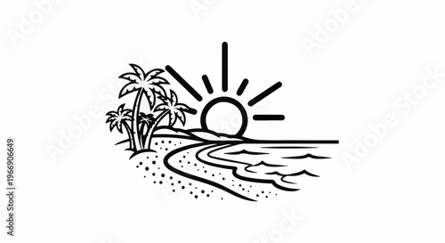 Stylized black and white image of a tropical beach scene with palm trees and sun