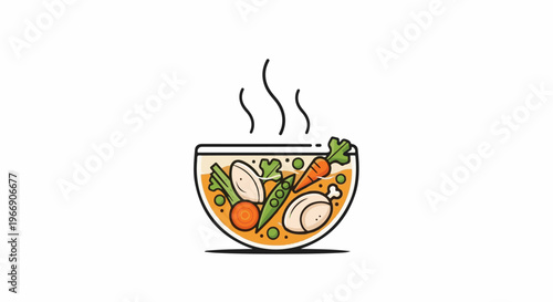 A bowl of steaming hot soup with chicken, carrots, peas, and celery