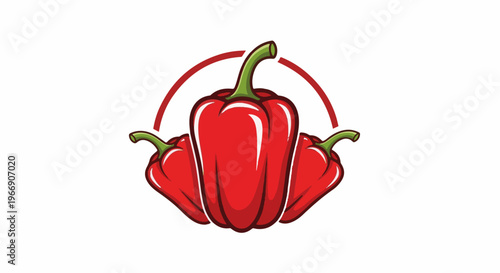 Three red bell peppers arranged in a semi-circle on a white background