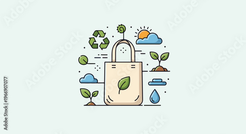 Tote bag with sprouts, sun, clouds, water droplet, and recycle symbol