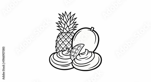 Tropical fruits pineapple, mango, and swirls of cream