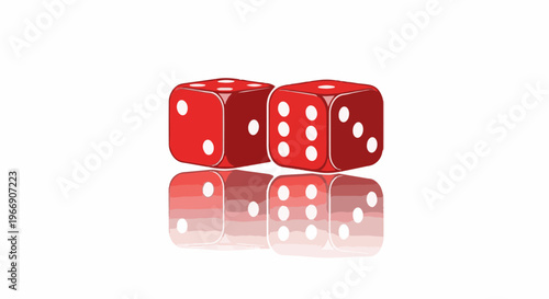 Two red dice with white dots, reflected on a white surface