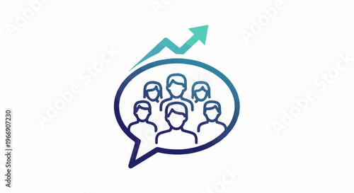 Stylized group of people within a speech bubble with an upward trending arrow