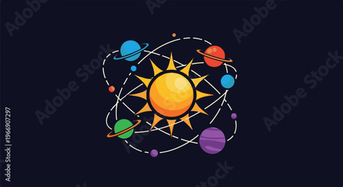 Vibrant solar system illustration with a bright sun and colorful planets in orbit