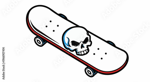 White skateboard with a skull graphic and red/blue trim, depicted from an angle