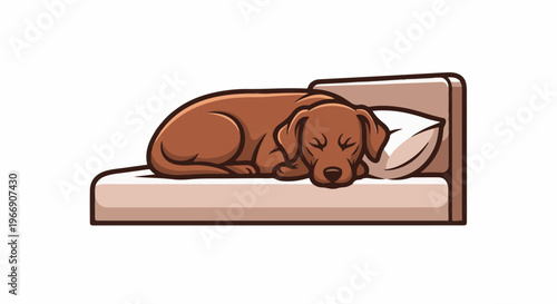 A brown dog sleeps peacefully on a light-colored bed with a pillow