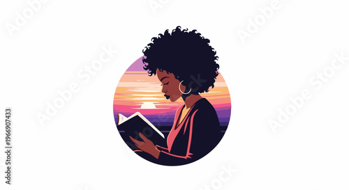Woman with afro reading a book during sunset, circular design