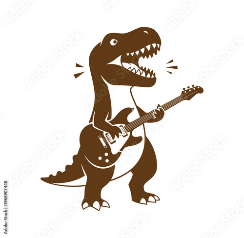 Brown dinosaur playing electric guitar and singing loudly with mouth open