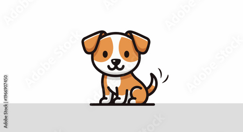 Adorable cartoon puppy with brown and white markings sits happily