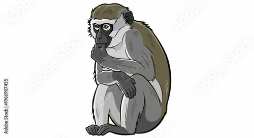 Cartoon monkey sitting and thoughtfully touching chin