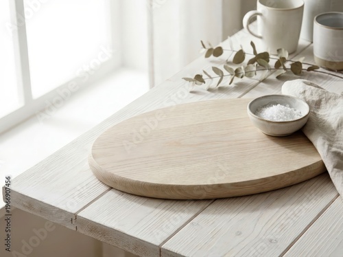 Showcase Oval Wooden Serving Board on White Table near Window