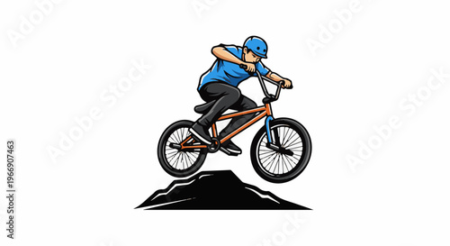 Cartoon of a male cyclist performing a jump on a BMX bike