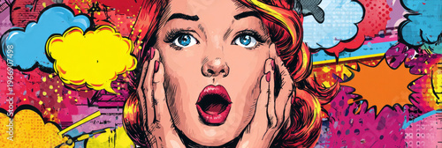 A young woman is shown with her hand on her face, looking thoughtful against a bright pop art background with vivid colors. The scene displays creativity and modern design trends