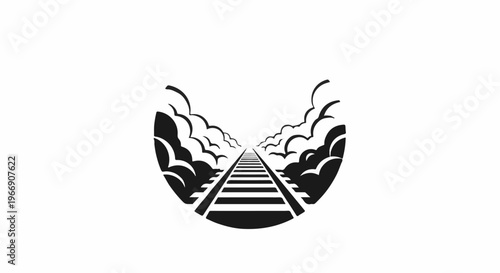Black and white silhouette of a train track disappearing into clouds
