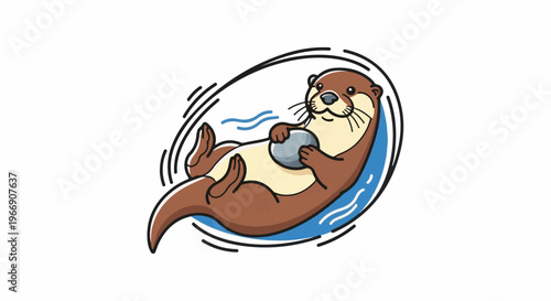 Cartoon otter floats on back in water holding a rock