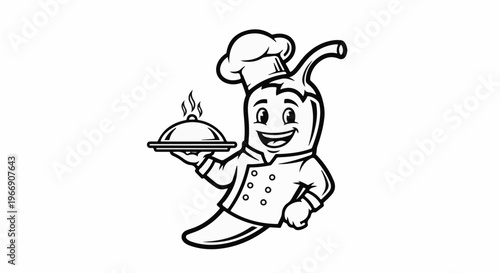 Cheerful chili pepper chef character with steaming food tray