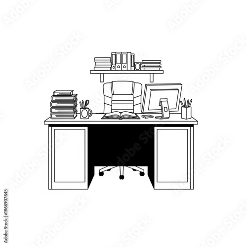 A minimalist line art illustration of a cluttered office desk with computer and books