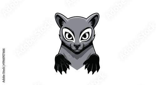 A stylized cartoon-like gray animal with large, expressive eyes and sharp claws