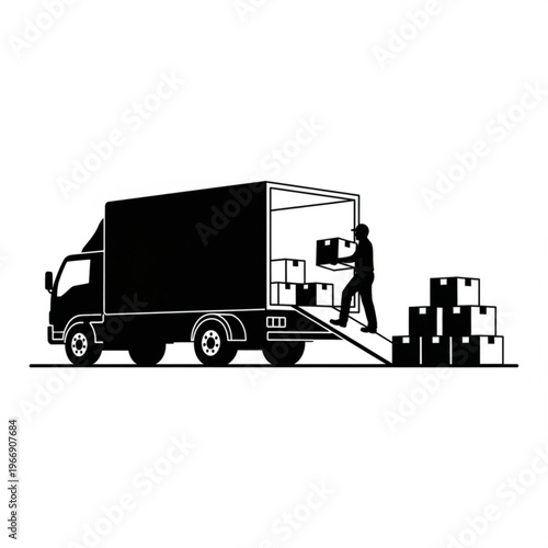 A black silhouette of a delivery truck with a man unloading boxes from the back