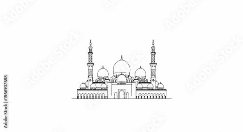 Black and white sketch of a grand mosque with domes and tall minarets