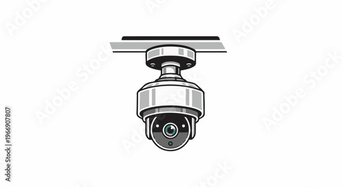 A dome security camera is mounted from a ceiling or wall