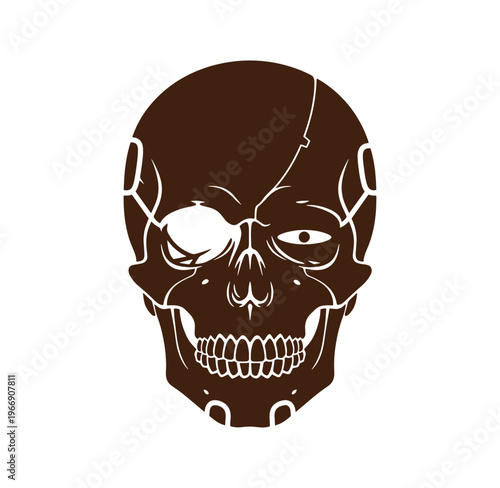 Brown human skull illustration with one eye closed and cracked head