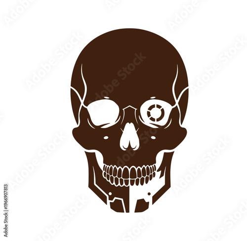 Brown human skull icon with white details on white background