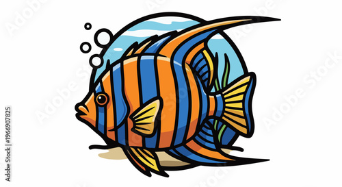 Cartoon angelfish with orange and blue stripes swimming in water