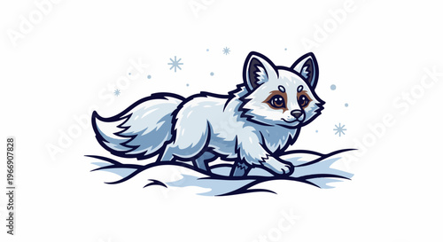 Cartoon arctic fox cub walking through falling snowflakes in a snowy landscape