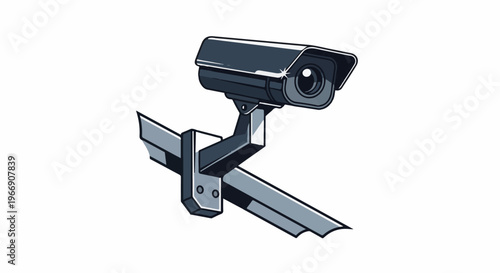A dark-colored security camera is mounted on a grey metal bracket