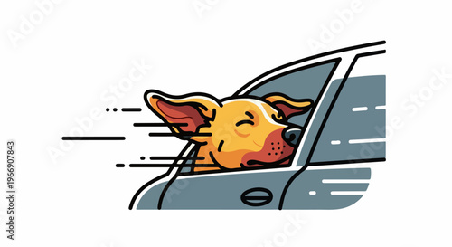 A happy dog's head sticks out a car window, enjoying the ride