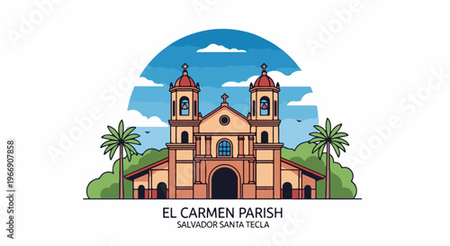 Cartoon of a light orange church with red roofs and two bell towers under a blue sky